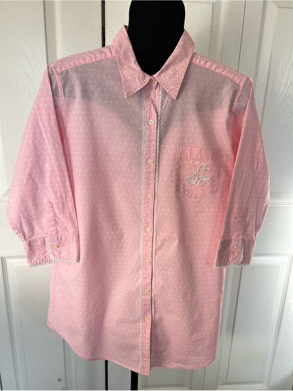 Vintage Ralph Lauren Cotton Embroidered Button down night gown! Polka Dot lace